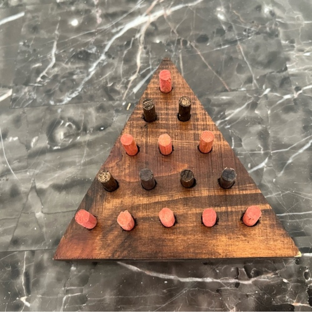 Handmade Wooden Triangle Peg Puzzle - Brown with Red & Black Pegs